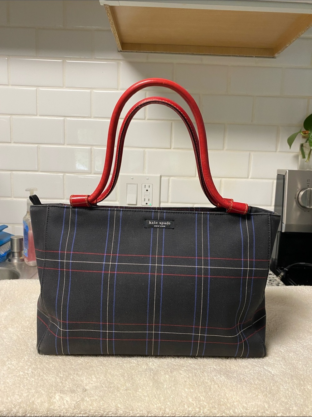 kate spade Black Plaid Tote with Red Handles and Blue Accents